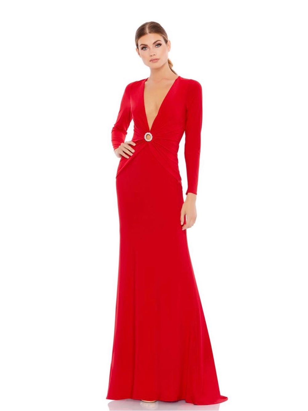 Mac Duggal Red Long Sleeve Deep V Evening Gown
